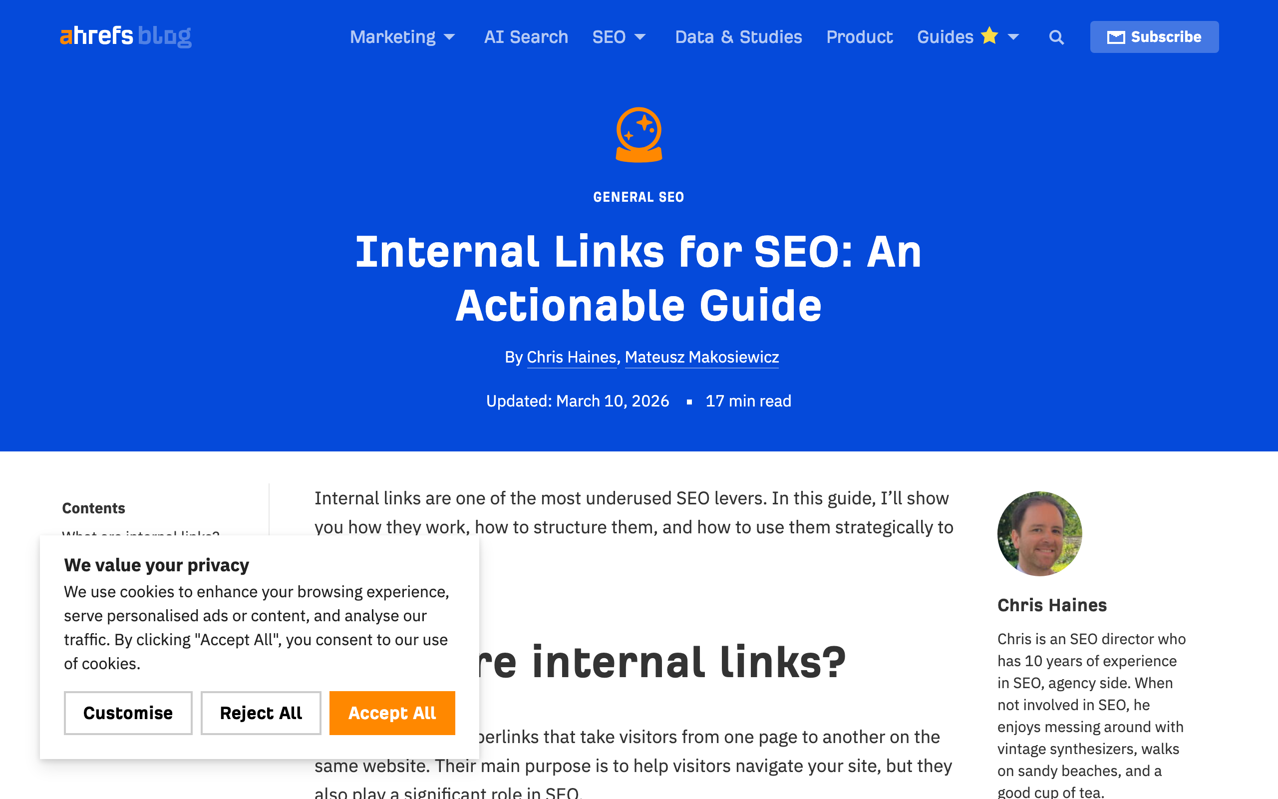 A diagram from an Ahrefs article illustrating the hub-and-spoke model for internal linking in a topic cluster.