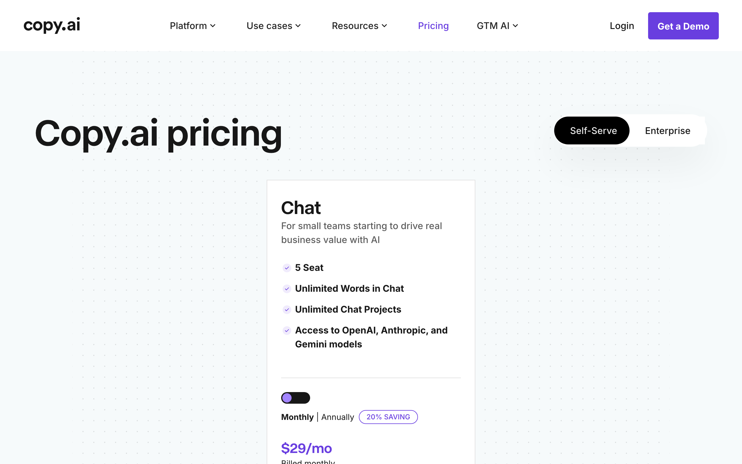 A screenshot of the Copy.ai pricing page, a key competitor to Jasper.