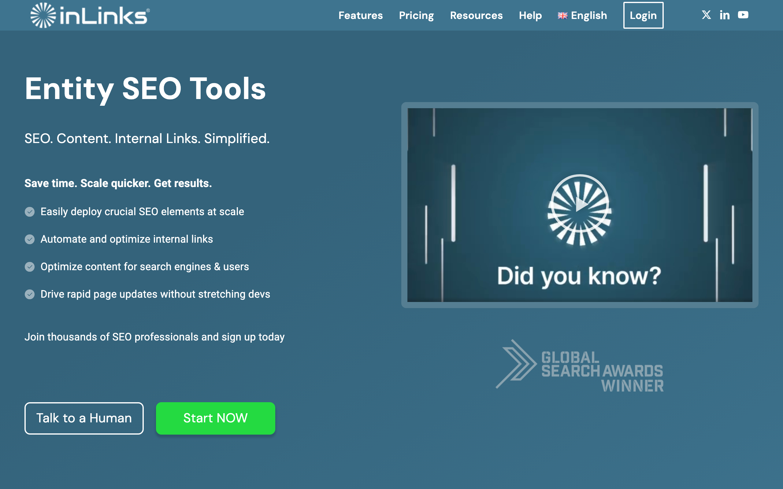The homepage of InLinks, a tool specializing in entity-based SEO and automated schema markup.