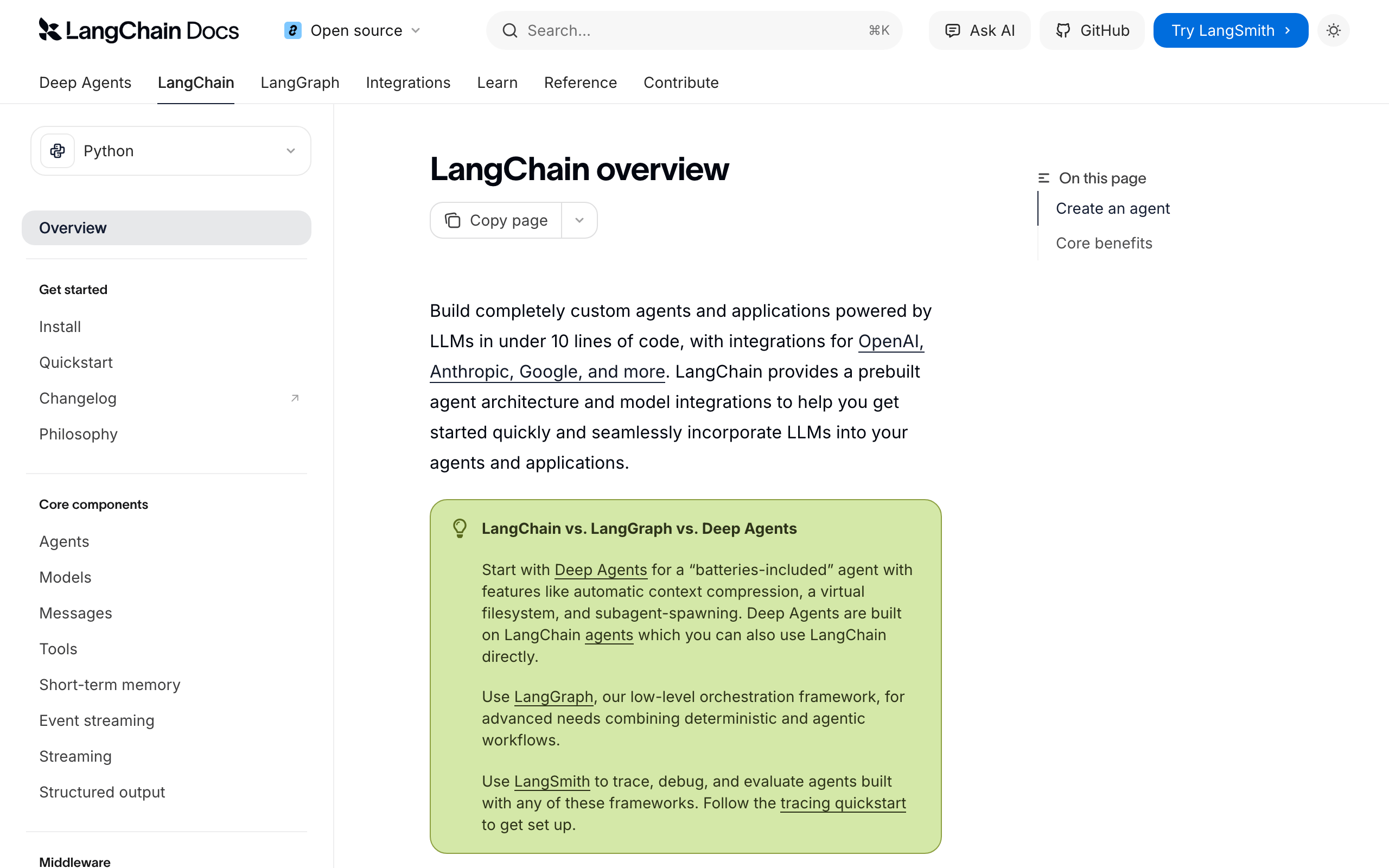 Screenshot of the LangChain documentation explaining how AI agents use tools to interact with their environment.