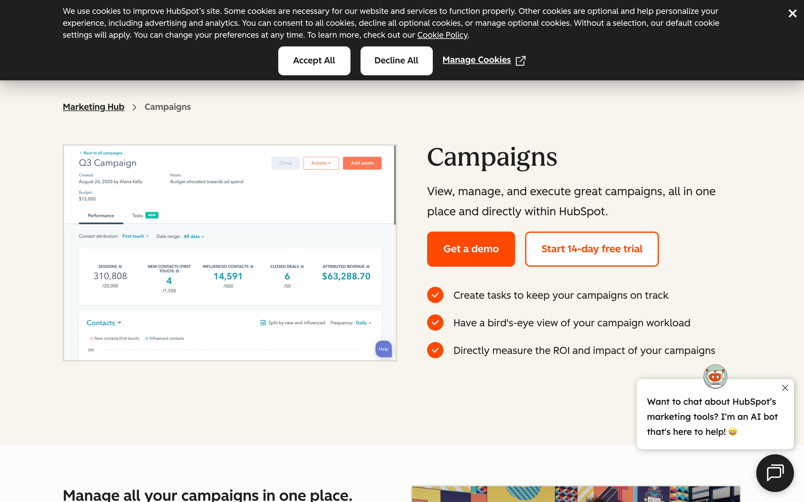 A screenshot of HubSpot's campaign planning tool, an example of an integrated marketing platform that can be enhanced with AI.
