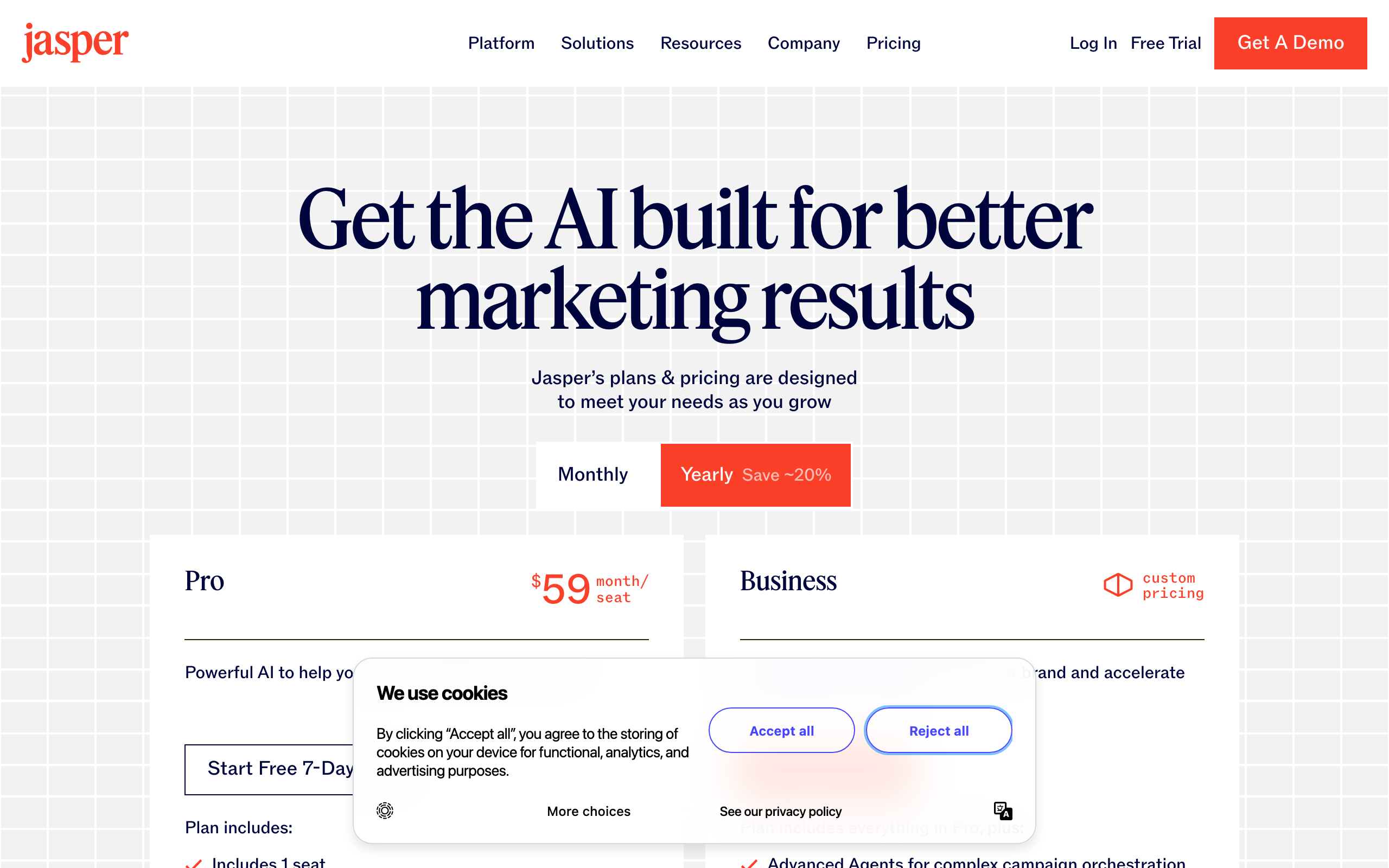Screenshot of the Jasper pricing page showing different tiers and features for teams.