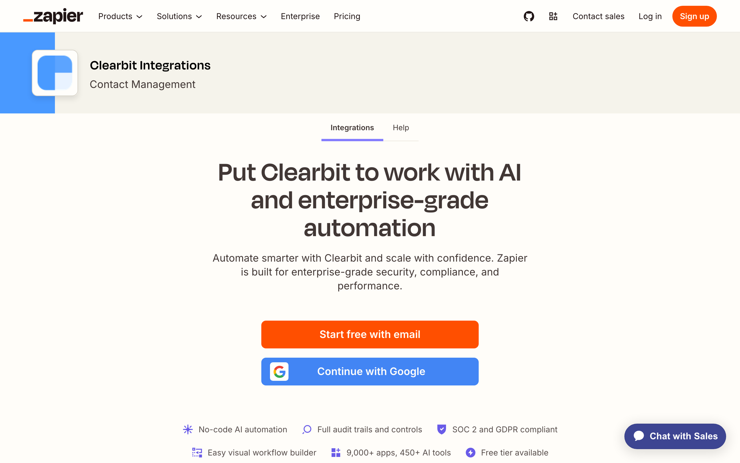The Clearbit integration page within Zapier, showing how it connects to other apps.